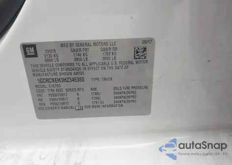 2017 Chevrolet Silverado 1500 Wt z USA, uszkodzony, nr VIN 1GCRCNEH3HZ345380